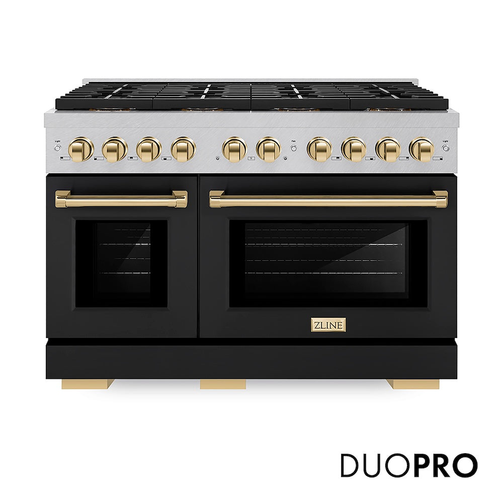ZLINE Autograph Edition 48 in. 6.7 cu. ft. Paramount Gas Range with 8 Burner DuoPro™ Cooktop and Dual Ovens in Satin Stainless Steel with Black Matte Doors and Polished Gold Accents (PSGRSZ-BLM48-G) front, with DuoPro™ logo.