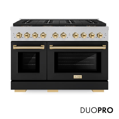 ZLINE Autograph Edition 48 in. 6.7 cu. ft. Paramount Gas Range with 8 Burner DuoPro™ Cooktop and Dual Ovens in Satin Stainless Steel with Black Matte Doors and Polished Gold Accents (PSGRSZ-BLM48-G) front, with DuoPro™ logo.