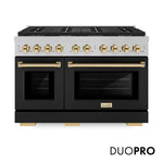 ZLINE Autograph Edition 48 in. 6.7 cu. ft. Paramount Gas Range with 8 Burner DuoPro™ Cooktop and Dual Ovens in Satin Stainless Steel with Black Matte Doors and Polished Gold Accents, Open Box-Good Condition