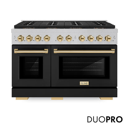 ZLINE Autograph Edition 48 in. 6.7 cu. ft. Paramount Gas Range with 8 Burner DuoPro™ Cooktop and Dual Ovens in Satin Stainless Steel with Black Matte Doors and Polished Gold Accents, Open Box-Good Condition