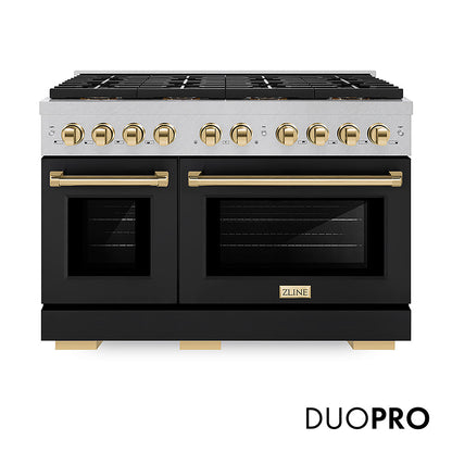 ZLINE Autograph Edition 48 in. 6.7 cu. ft. Paramount Gas Range with 8 Burner DuoPro™ Cooktop and Dual Ovens in Satin Stainless Steel with Black Matte Doors and Polished Gold Accents, Open Box-Great Condition