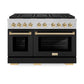 ZLINE Autograph Edition 48 in. 6.7 cu. ft. Paramount Gas Range with 8 Burner DuoPro™ Cooktop and Dual Ovens in Satin Stainless Steel with Black Matte Doors and Polished Gold Accents (PSGRSZ-BLM48-G) front.