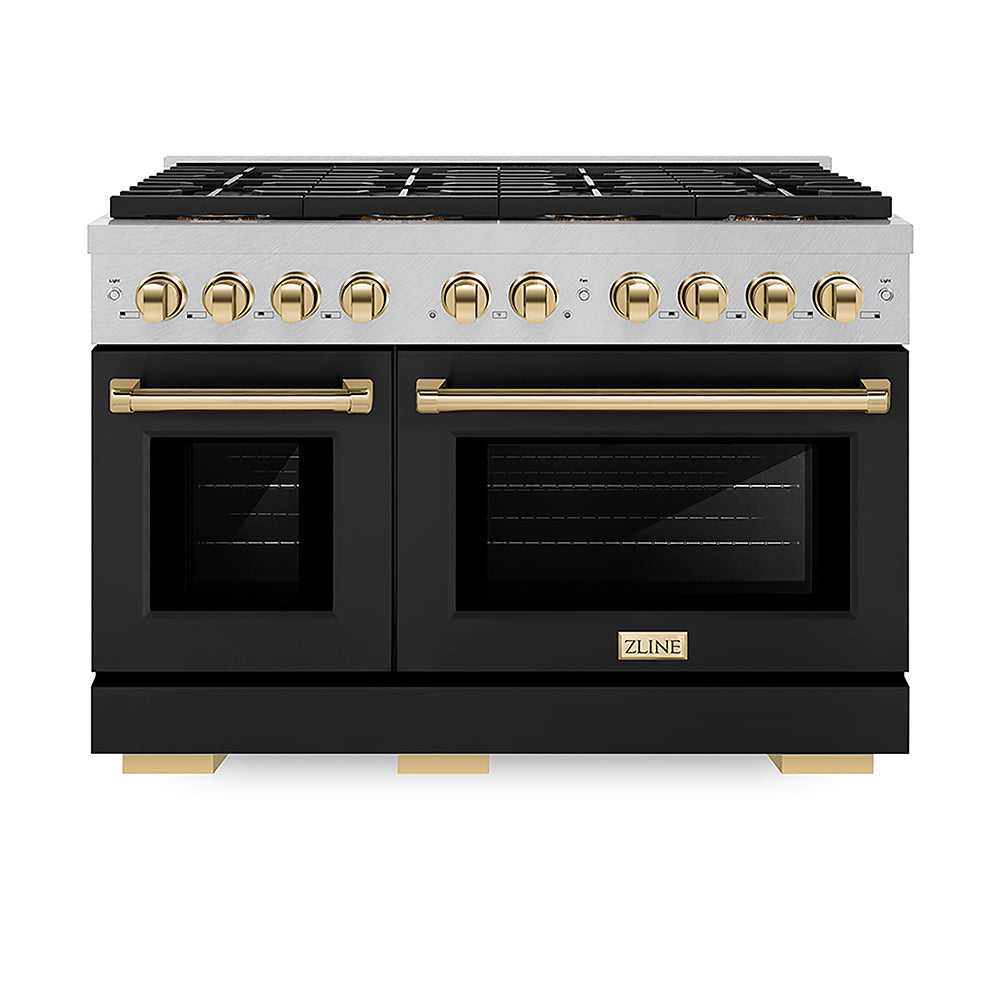 ZLINE Autograph Edition 48 in. 6.7 cu. ft. Paramount Gas Range with 8 Burner DuoPro™ Cooktop and Dual Ovens in Satin Stainless Steel with Black Matte Doors and Polished Gold Accents, Open Box-Good Condition