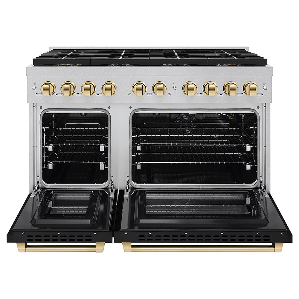 ZLINE Autograph Edition 48 in. 6.7 cu. ft. Paramount Gas Range with 8 Burner DuoPro™ Cooktop and Dual Ovens in Satin Stainless Steel with Black Matte Doors and Polished Gold Accents, Open Box-Good Condition