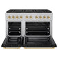 ZLINE Autograph Edition 48 in. 6.7 cu. ft. Paramount Gas Range with 8 Burner DuoPro™ Cooktop and Dual Ovens in Satin Stainless Steel with Black Matte Doors and Polished Gold Accents (PSGRSZ-BLM48-G) front, oven open.