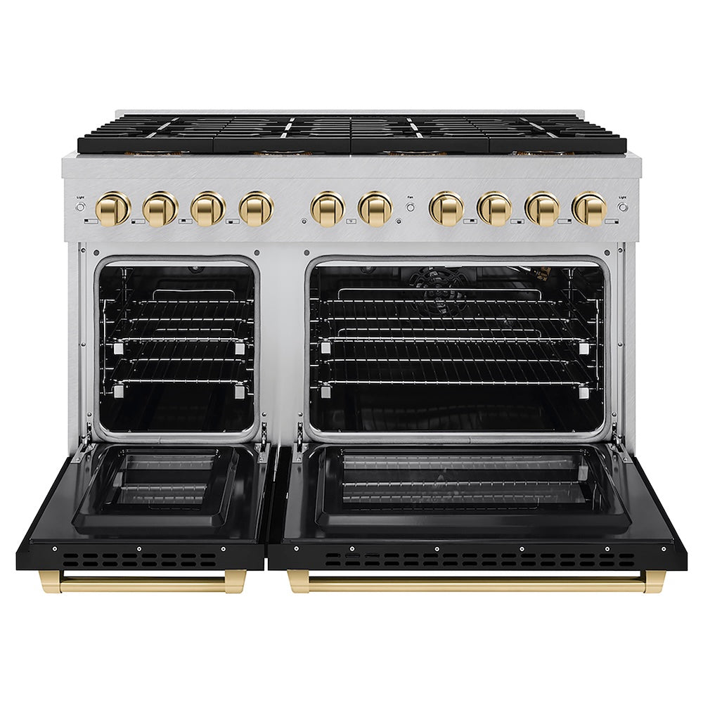 ZLINE Autograph Edition 48 in. 6.7 cu. ft. Paramount Gas Range with 8 Burner DuoPro™ Cooktop and Dual Ovens in Satin Stainless Steel with Black Matte Doors and Polished Gold Accents (PSGRSZ-BLM48-G) front, oven open.