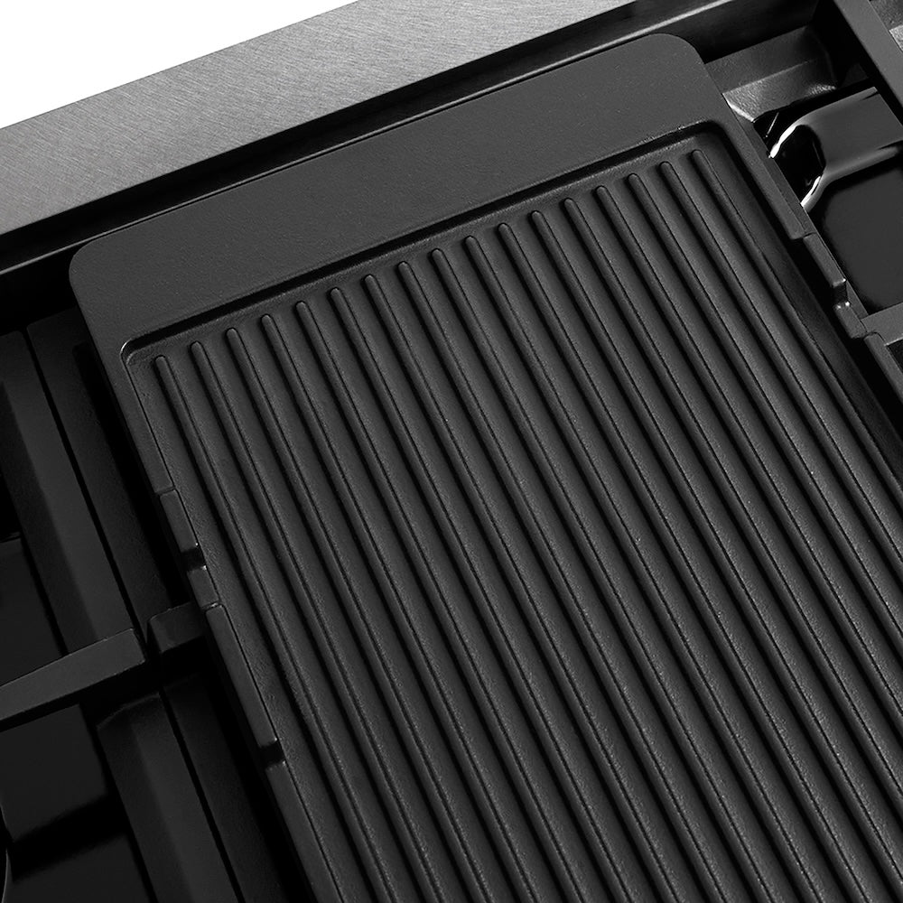 ZLINE Autograph Edition 48 in. 6.7 cu. ft. Paramount Gas Range with 8 Burner DuoPro™ Cooktop and Dual Ovens in Satin Stainless Steel with Black Matte Doors and Polished Gold Accents (PSGRSZ-BLM48-G) reversible griddle ribbed side.