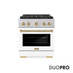 ZLINE Autograph Edition 30 in. 4.2 cu. ft. Paramount Gas Range with 4 Burner DuoPro™ Cooktop and Convection Gas Oven in Satin Stainless Steel with White Matte Door and Champagne Bronze Accents, Open Box-Good Condition