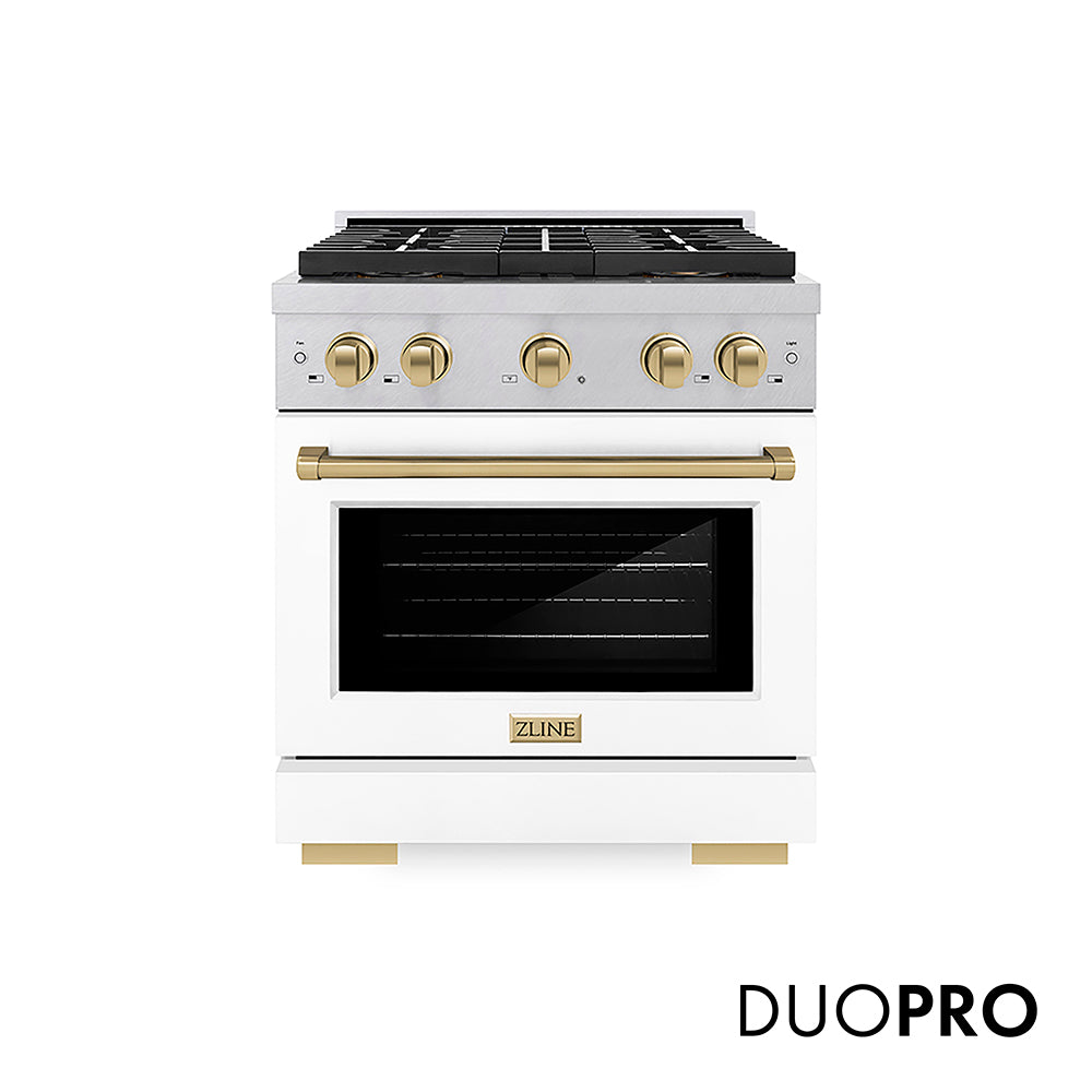 ZLINE Autograph Edition 30 in. 4.2 cu. ft. Paramount Gas Range with 4 Burner DuoPro™ Cooktop and Convection Gas Oven in Satin Stainless Steel with White Matte Door and Champagne Bronze Accents, Open Box-Good Condition