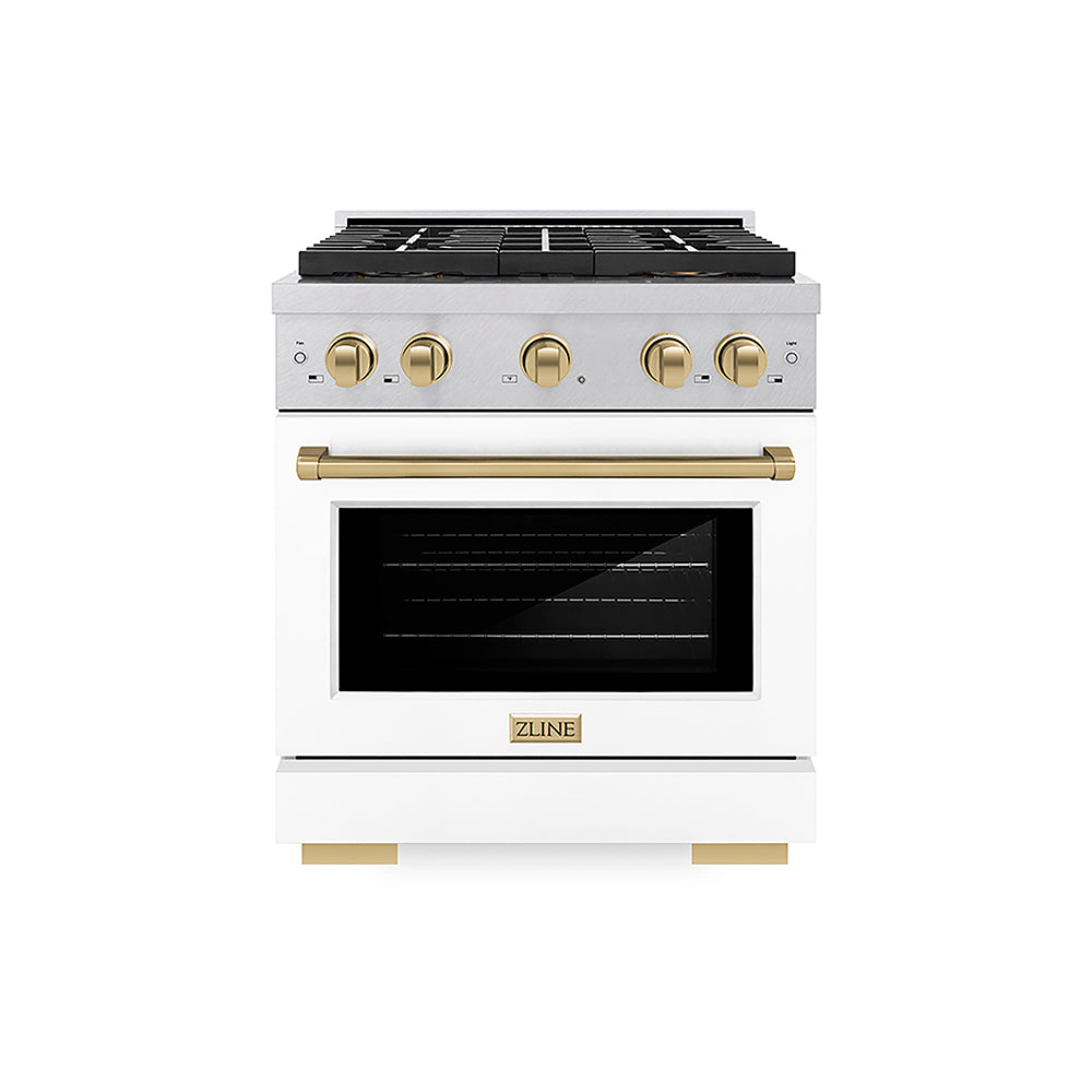 ZLINE Autograph Edition 30 in. 4.2 cu. ft. Paramount Gas Range with 4 Burner DuoPro™ Cooktop and Convection Gas Oven in Satin Stainless Steel with White Matte Door and Champagne Bronze Accents, Open Box-Good Condition