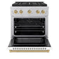 ZLINE Autograph Edition 30 in. 4.2 cu. ft. Paramount Gas Range with 4 Burner DuoPro™ Cooktop and Convection Gas Oven in Satin Stainless Steel with White Matte Door and Champagne Bronze Accents (PSGRSZ-WM-30-CB) front, oven open.