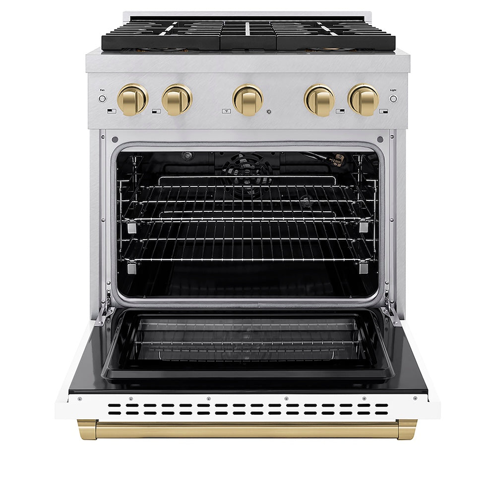 ZLINE Autograph Edition 30 in. 4.2 cu. ft. Paramount Gas Range with 4 Burner DuoPro™ Cooktop and Convection Gas Oven in Satin Stainless Steel with White Matte Door and Champagne Bronze Accents (PSGRSZ-WM-30-CB) front, oven open.