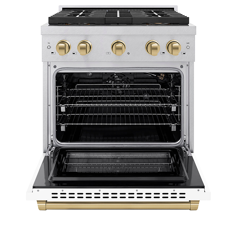 ZLINE Autograph Edition 30 in. 4.2 cu. ft. Paramount Gas Range with 4 Burner DuoPro™ Cooktop and Convection Gas Oven in Satin Stainless Steel with White Matte Door and Champagne Bronze Accents, Open Box-Good Condition