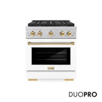 ZLINE Autograph Edition 30 in. 4.2 cu. ft. Paramount Gas Range with 4 Burner DuoPro™ Cooktop and Convection Gas Oven in Satin Stainless Steel with White Matte Door and Polished Gold Accents (PSGRSZ-WM-30-G) front, with DuoPro™ logo.