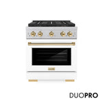 ZLINE Autograph Edition 30 in. 4.2 cu. ft. Paramount Gas Range with 4 Burner DuoPro™ Cooktop and Convection Gas Oven in Satin Stainless Steel with White Matte Door and Polished Gold Accents, Open Box-Good Condition