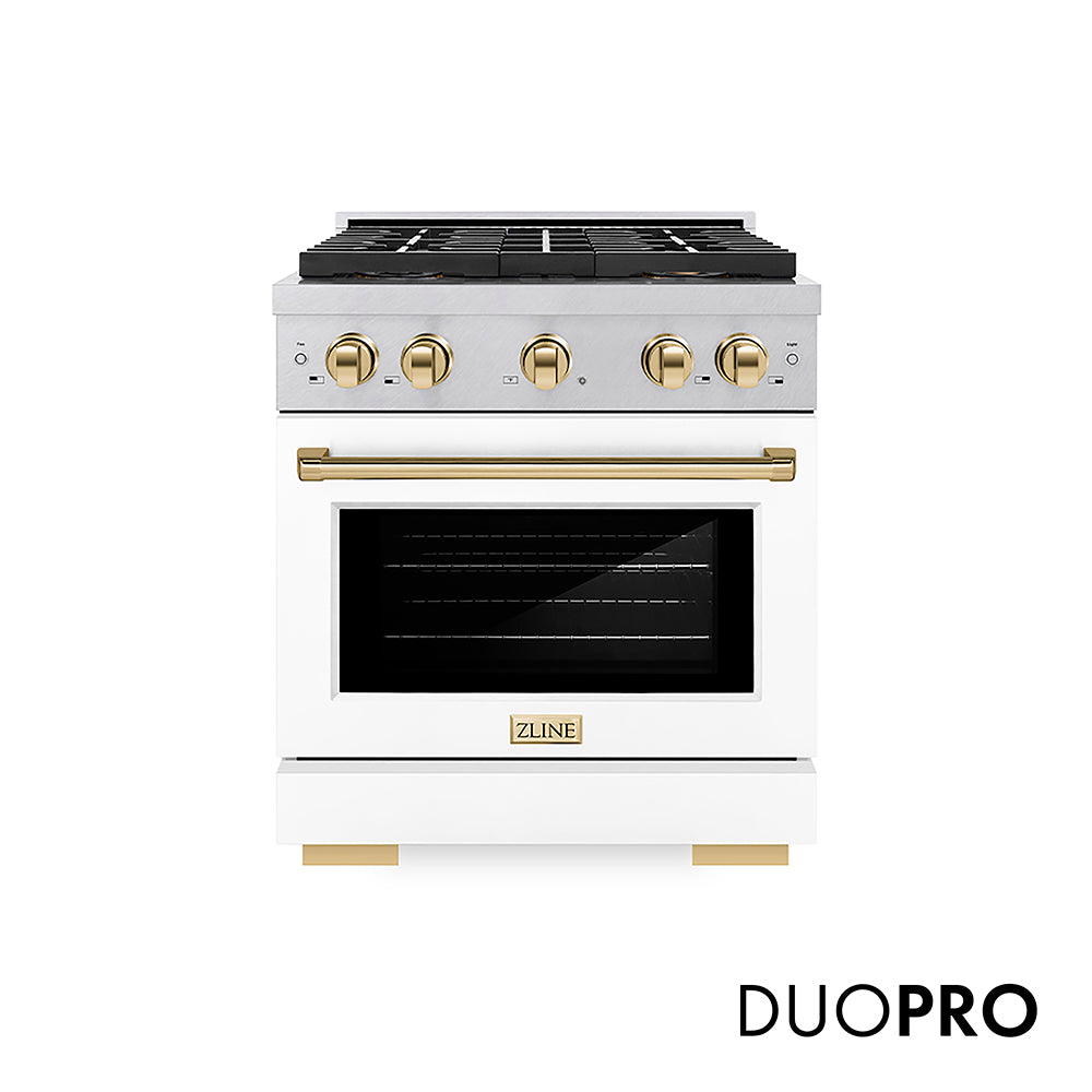 ZLINE Autograph Edition 30 in. 4.2 cu. ft. Paramount Gas Range with 4 Burner DuoPro™ Cooktop and Convection Gas Oven in Satin Stainless Steel with White Matte Door and Polished Gold Accents, Open Box-Good Condition