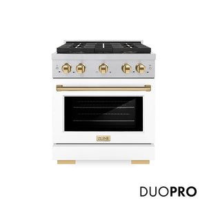 ZLINE Autograph Edition 30 in. 4.2 cu. ft. Paramount Gas Range with 4 Burner DuoPro™ Cooktop and Convection Gas Oven in Satin Stainless Steel with White Matte Door and Polished Gold Accents, Open Box-Good Condition main image.