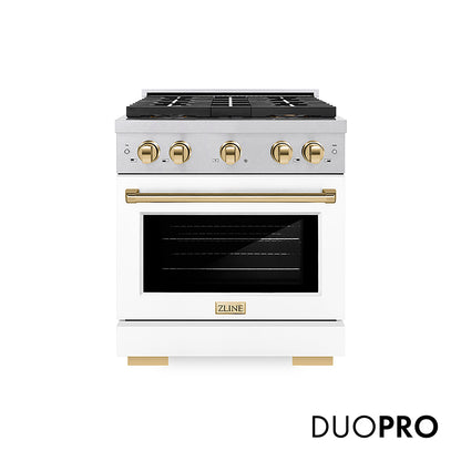 ZLINE Autograph Edition 30 in. 4.2 cu. ft. Paramount Gas Range with 4 Burner DuoPro™ Cooktop and Convection Gas Oven in Satin Stainless Steel with White Matte Door and Polished Gold Accents, Open Box-Good Condition