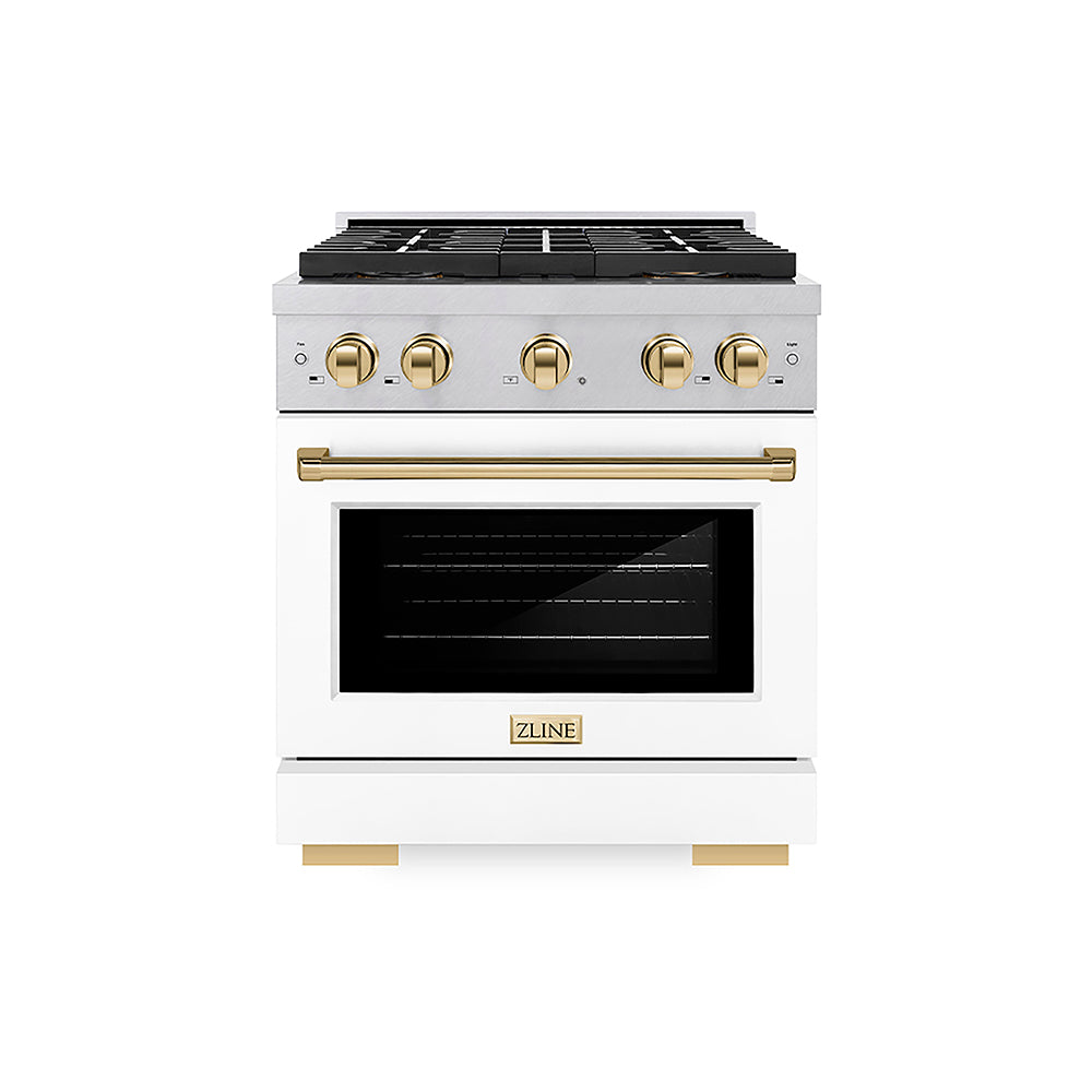 ZLINE Autograph Edition 30 in. 4.2 cu. ft. Paramount Gas Range with 4 Burner DuoPro™ Cooktop and Convection Gas Oven in Satin Stainless Steel with White Matte Door and Polished Gold Accents, Open Box-Good Condition