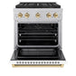 ZLINE Autograph Edition 30 in. 4.2 cu. ft. Paramount Gas Range with 4 Burner DuoPro™ Cooktop and Convection Gas Oven in Satin Stainless Steel with White Matte Door and Polished Gold Accents (PSGRSZ-WM-30-G) front, oven open.