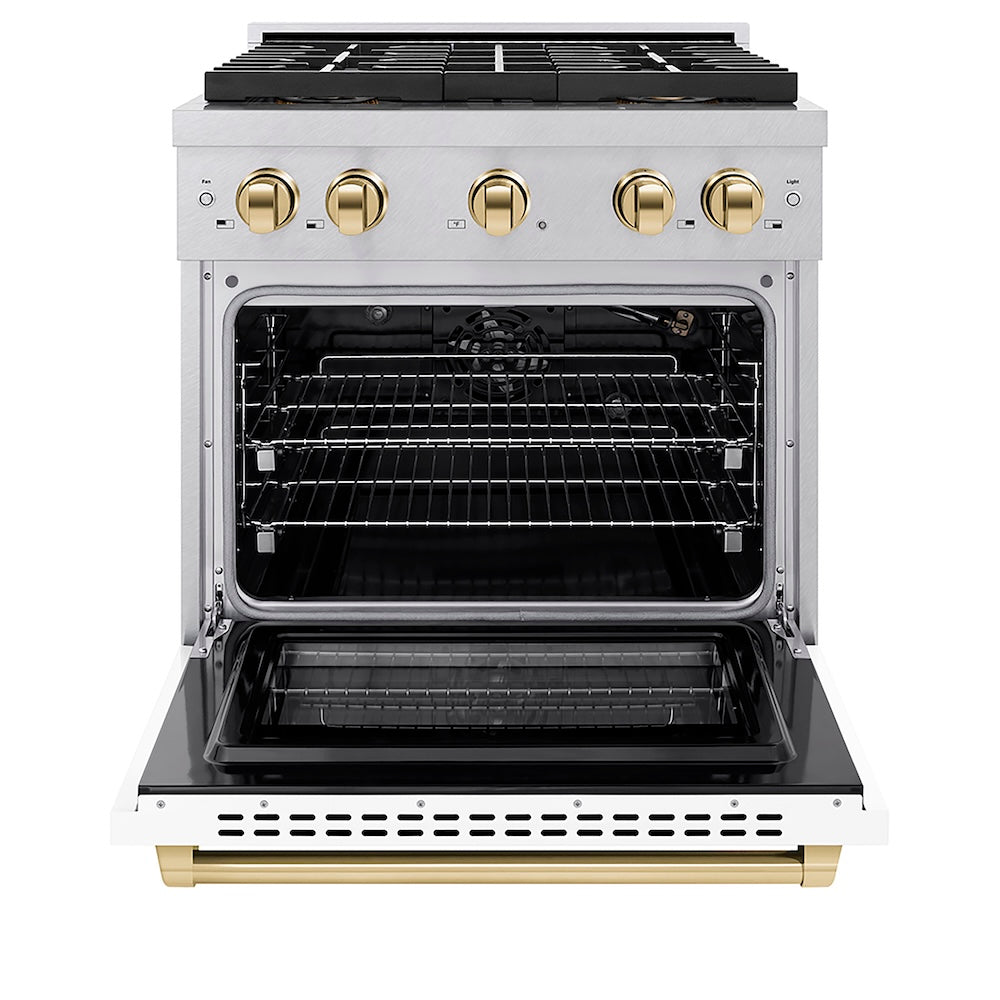 ZLINE Autograph Edition 30 in. 4.2 cu. ft. Paramount Gas Range with 4 Burner DuoPro™ Cooktop and Convection Gas Oven in Satin Stainless Steel with White Matte Door and Polished Gold Accents (PSGRSZ-WM-30-G) front, oven open.