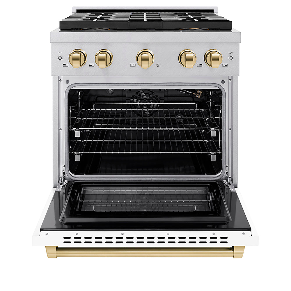 ZLINE Autograph Edition 30 in. 4.2 cu. ft. Paramount Gas Range with 4 Burner DuoPro™ Cooktop and Convection Gas Oven in Satin Stainless Steel with White Matte Door and Polished Gold Accents, Open Box-Good Condition