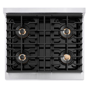 ZLINE Autograph Edition 30 in. 4.2 cu. ft. Paramount Gas Range with 4 Burner DuoPro™ Cooktop and Convection Gas Oven in Satin Stainless Steel with White Matte Door and Polished Gold Accents (PSGRSZ-WM-30-G) top-down, above cooktop.