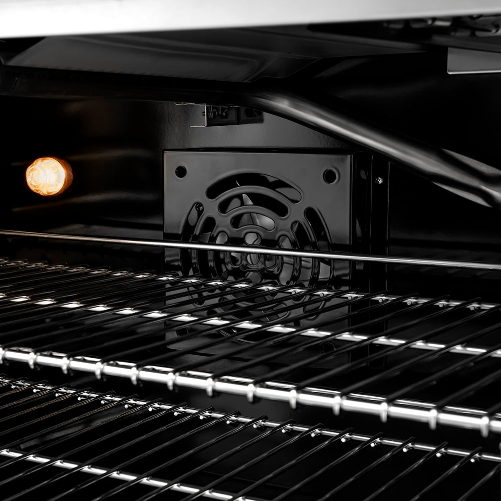 ZLINE Autograph Edition 30 in. 4.2 cu. ft. Paramount Gas Range with 4 Burner DuoPro™ Cooktop and Convection Gas Oven in Satin Stainless Steel with White Matte Door and Matte Black Accents (PSGRSZ-WM-30-MB) convection fan and lighting inside oven.