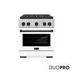 ZLINE Autograph Edition 30 in. 4.2 cu. ft. Paramount Gas Range with 4 Burner DuoPro™ Cooktop and Convection Gas Oven in Satin Stainless Steel with White Matte Door and Matte Black Accents (PSGRSZ-WM-30-MB) front, with DuoPro™ logo.