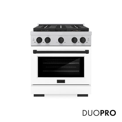 ZLINE Autograph Edition 30 in. 4.2 cu. ft. Paramount Gas Range with 4 Burner DuoPro™ Cooktop and Convection Gas Oven in Satin Stainless Steel with White Matte Door and Matte Black Accents (PSGRSZ-WM-30-MB) front, with DuoPro™ logo.