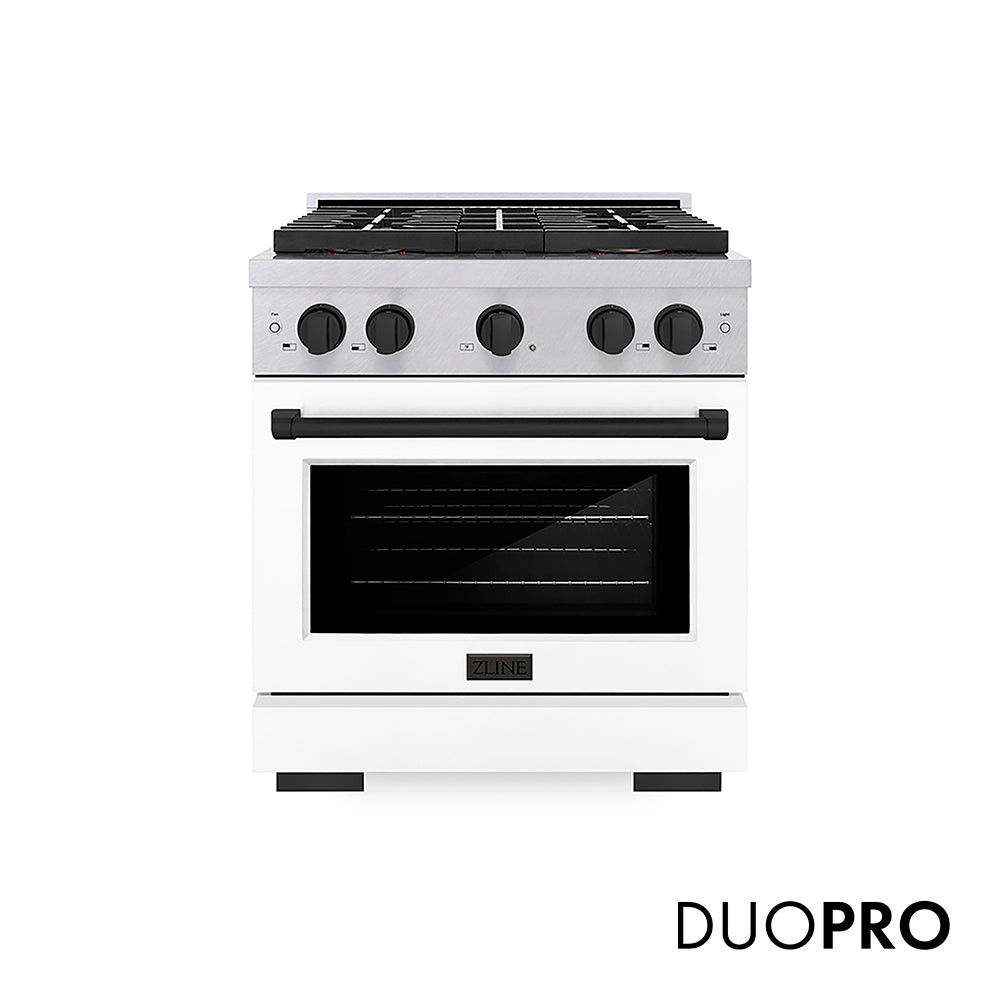ZLINE Autograph Edition 30 in. 4.2 cu. ft. Paramount Gas Range with 4 Burner DuoPro™ Cooktop and Convection Gas Oven in Satin Stainless Steel with White Matte Door and Matte Black Accents, Open Box-Good Condition