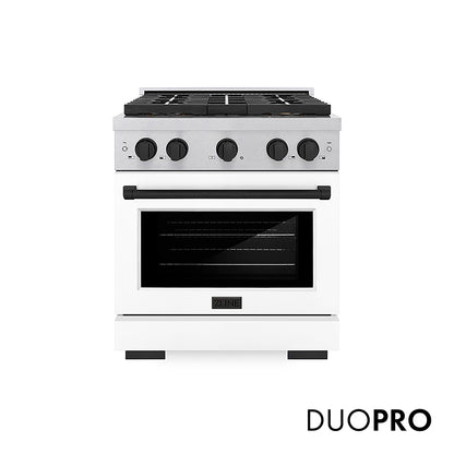 ZLINE Autograph Edition 30 in. 4.2 cu. ft. Paramount Gas Range with 4 Burner DuoPro™ Cooktop and Convection Gas Oven in Satin Stainless Steel with White Matte Door and Matte Black Accents, Open Box-Good Condition