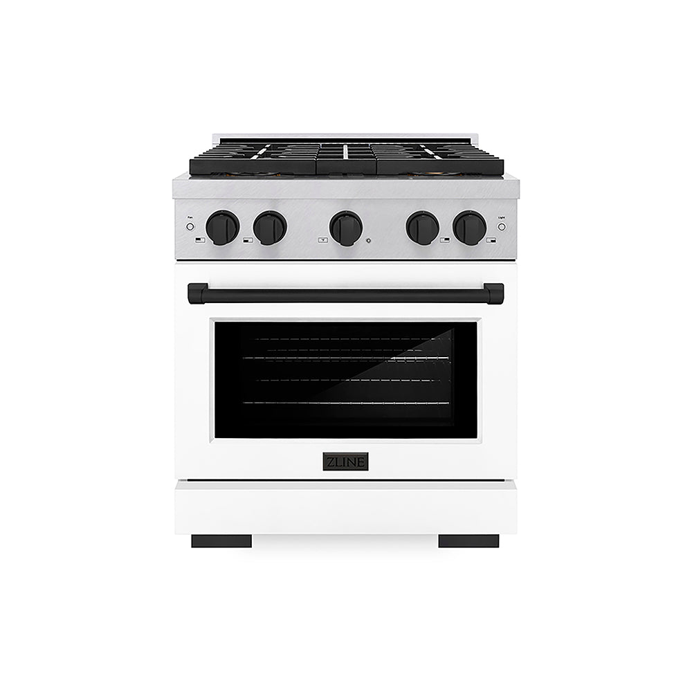 ZLINE Autograph Edition 30 in. 4.2 cu. ft. Paramount Gas Range with 4 Burner DuoPro™ Cooktop and Convection Gas Oven in Satin Stainless Steel with White Matte Door and Matte Black Accents, Open Box-Good Condition