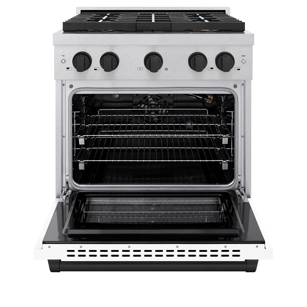 ZLINE Autograph Edition 30 in. 4.2 cu. ft. Paramount Gas Range with 4 Burner DuoPro™ Cooktop and Convection Gas Oven in Satin Stainless Steel with White Matte Door and Matte Black Accents (PSGRSZ-WM-30-MB) front, oven open.