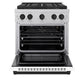 ZLINE Autograph Edition 30 in. 4.2 cu. ft. Paramount Gas Range with 4 Burner DuoPro™ Cooktop and Convection Gas Oven in Satin Stainless Steel with White Matte Door and Matte Black Accents (PSGRSZ-WM-30-MB) front, oven open.