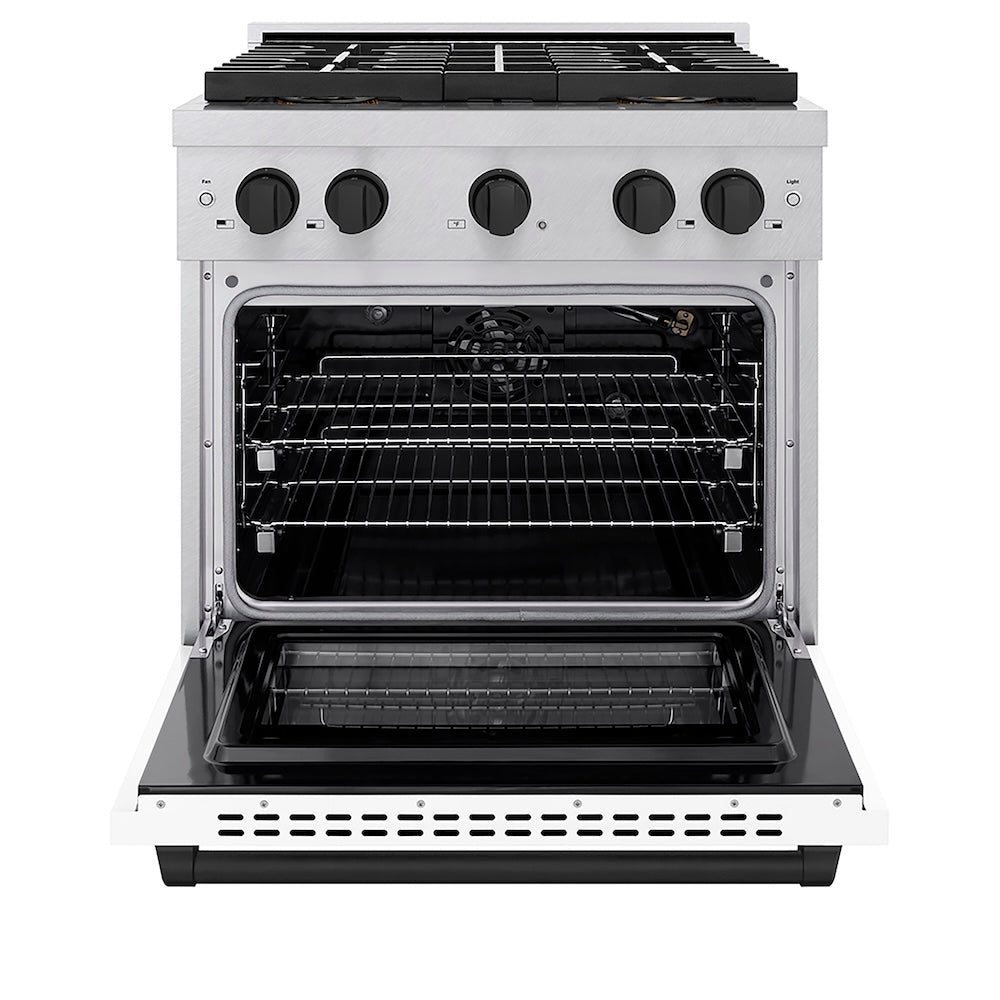 ZLINE Autograph Edition 30 in. 4.2 cu. ft. Paramount Gas Range with 4 Burner DuoPro™ Cooktop and Convection Gas Oven in Satin Stainless Steel with White Matte Door and Matte Black Accents (PSGRSZ-WM-30-MB) front, oven open.