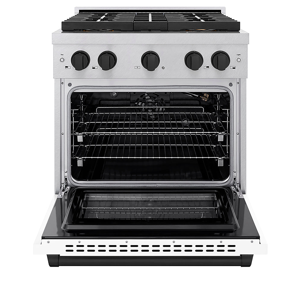 ZLINE Autograph Edition 30 in. 4.2 cu. ft. Paramount Gas Range with 4 Burner DuoPro™ Cooktop and Convection Gas Oven in Satin Stainless Steel with White Matte Door and Matte Black Accents, Open Box-Good Condition