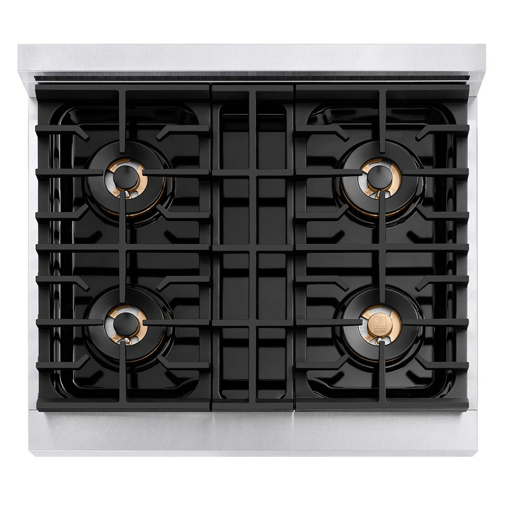 ZLINE Autograph Edition 30 in. 4.2 cu. ft. Paramount Gas Range with 4 Burner DuoPro™ Cooktop and Convection Gas Oven in Satin Stainless Steel with White Matte Door and Matte Black Accents (PSGRSZ-WM-30-MB) top-down, above cooktop.