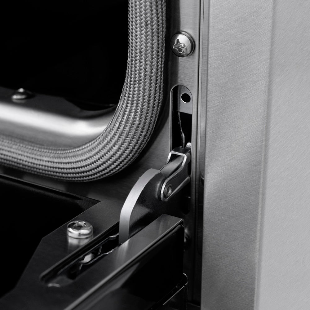 ZLINE Autograph Edition 30 in. 4.2 cu. ft. Paramount Gas Range with 4 Burner DuoPro™ Cooktop and Convection Gas Oven in Satin Stainless Steel with White Matte Door and Matte Black Accents (PSGRSZ-WM-30-MB) oven door hinge.