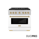 ZLINE Autograph Edition 36 in. 5.2 cu. ft. Paramount Gas Range with 6 Burner DuoPro™ Cooktop and Convection Gas Oven in Satin Stainless Steel with White Matte Door and Champagne Bronze Accents (PSGRSZ-WM-36-CB) front, with DuoPro™ logo.