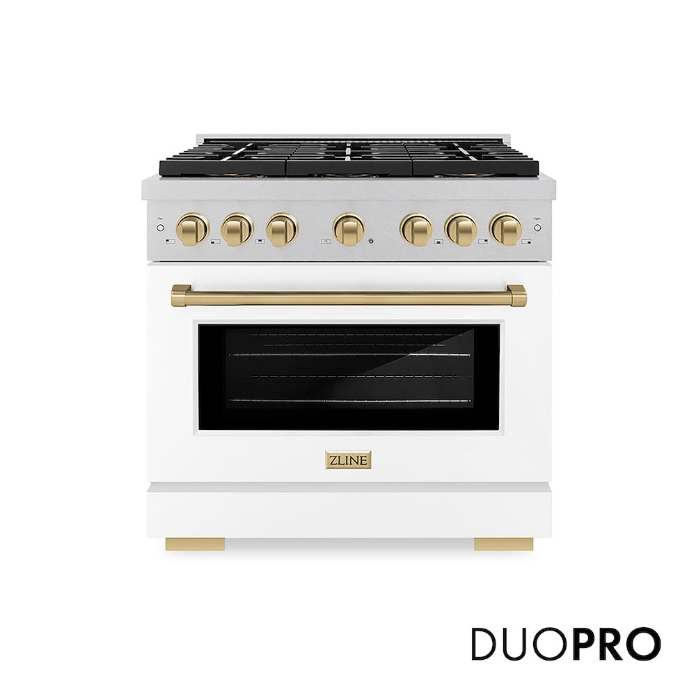 ZLINE Autograph Edition 36 in. 5.2 cu. ft. Paramount Gas Range with 6 Burner DuoPro™ Cooktop and Convection Gas Oven in Satin Stainless Steel with White Matte Door and Champagne Bronze Accents (PSGRSZ-WM-36-CB) front, with DuoPro™ logo.