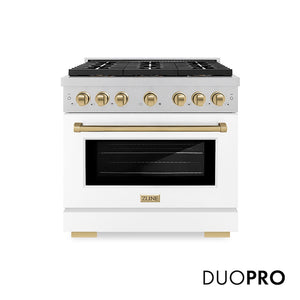 ZLINE Autograph Edition 36 in. 5.2 cu. ft. Paramount Gas Range with 6 Burner DuoPro™ Cooktop and Convection Gas Oven in Satin Stainless Steel with White Matte Door and Champagne Bronze Accents (PSGRSZ-WM-36-CB) main image.