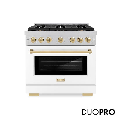 ZLINE Autograph Edition 36 in. 5.2 cu. ft. Paramount Gas Range with 6 Burner DuoPro™ Cooktop and Convection Gas Oven in Satin Stainless Steel with White Matte Door and Champagne Bronze Accents (PSGRSZ-WM-36-CB) front, with DuoPro™ logo.