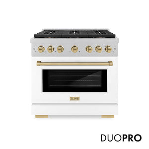 ZLINE Autograph Edition 36 in. 5.2 cu. ft. Paramount Gas Range with 6 Burner DuoPro™ Cooktop and Convection Gas Oven in Satin Stainless Steel with White Matte Door and Champagne Bronze Accents, Open Box-Great Condition main image.