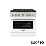 ZLINE Autograph Edition 36 in. 5.2 cu. ft. Paramount Gas Range with 6 Burner DuoPro™ Cooktop and Convection Gas Oven in Satin Stainless Steel with White Matte Door and Champagne Bronze Accents, Open Box-Good Condition