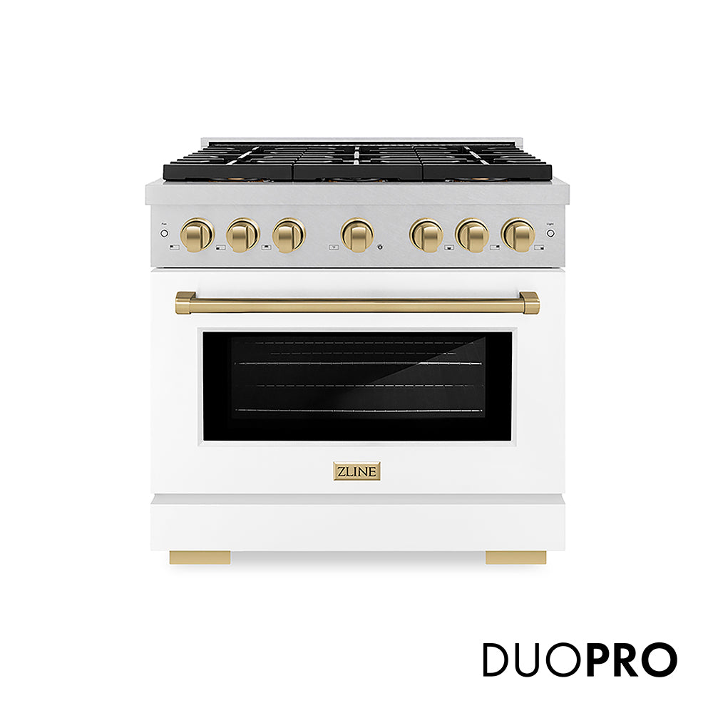 ZLINE Autograph Edition 36 in. 5.2 cu. ft. Paramount Gas Range with 6 Burner DuoPro™ Cooktop and Convection Gas Oven in Satin Stainless Steel with White Matte Door and Champagne Bronze Accents, Open Box-Good Condition