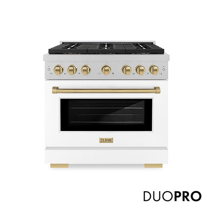 ZLINE Autograph Edition 36 in. 5.2 cu. ft. Paramount Gas Range with 6 Burner DuoPro™ Cooktop and Convection Gas Oven in Satin Stainless Steel with White Matte Door and Champagne Bronze Accents, Open Box-Good Condition