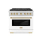 ZLINE Autograph Edition 36 in. 5.2 cu. ft. Paramount Gas Range with 6 Burner DuoPro™ Cooktop and Convection Gas Oven in Satin Stainless Steel with White Matte Door and Champagne Bronze Accents (PSGRSZ-WM-36-CB) front.