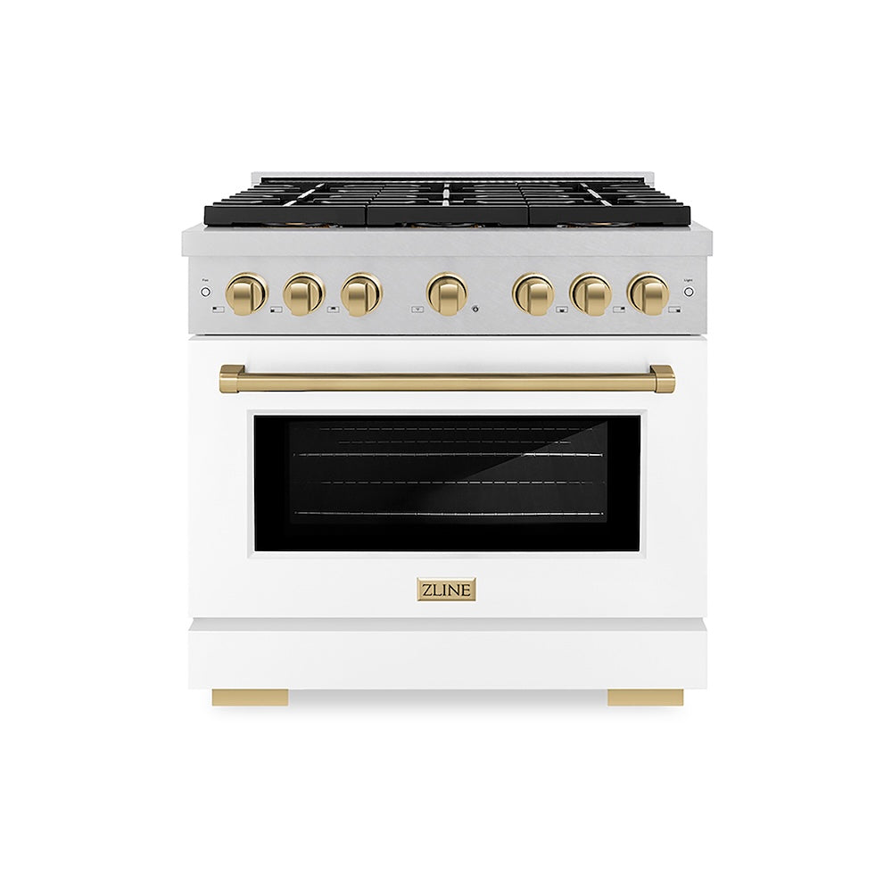 ZLINE Autograph Edition 36 in. 5.2 cu. ft. Paramount Gas Range with 6 Burner DuoPro™ Cooktop and Convection Gas Oven in Satin Stainless Steel with White Matte Door and Champagne Bronze Accents (PSGRSZ-WM-36-CB) front.