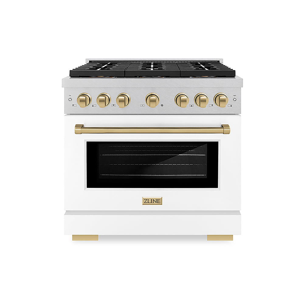 ZLINE Autograph Edition 36 in. 5.2 cu. ft. Paramount Gas Range with 6 Burner DuoPro™ Cooktop and Convection Gas Oven in Satin Stainless Steel with White Matte Door and Champagne Bronze Accents, Open Box-Good Condition